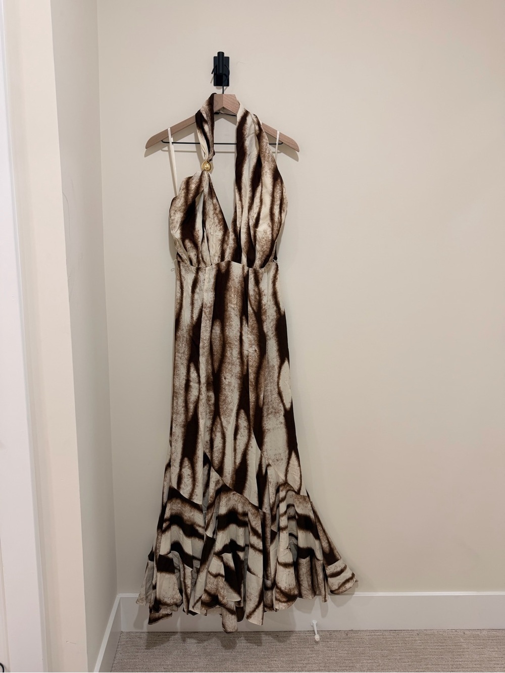 Fashion Nova Brown & Cream One-Shoulder Halter Maxi Dress